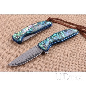 Blue bird Damascus folding knife with Abalone handle UD404496