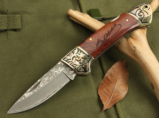 OEM DAMASCUS STEEL SENMEI NO.3 FOLDING KNIFE WITH LEATHER SCABBARD UDTEK00545