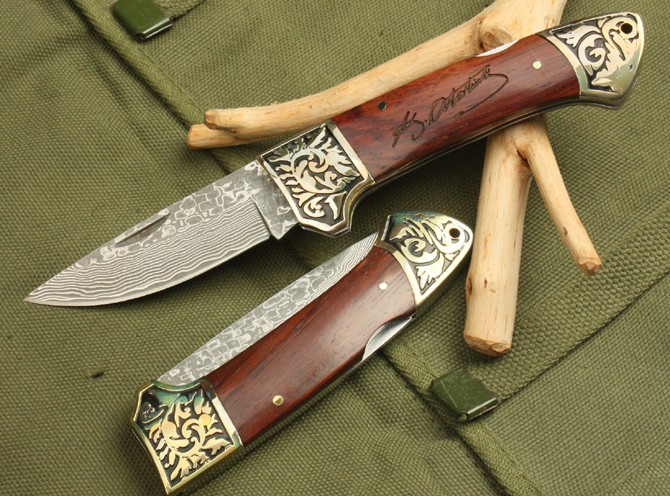 OEM DAMASCUS STEEL SENMEI NO.3 FOLDING KNIFE WITH LEATHER SCABBARD UDTEK00545