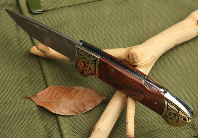 OEM DAMASCUS STEEL SENMEI NO.3 FOLDING KNIFE WITH LEATHER SCABBARD UDTEK00545