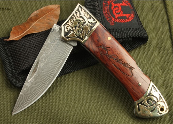 OEM DAMASCUS STEEL SENMEI NO.3 FOLDING KNIFE WITH LEATHER SCABBARD UDTEK00545
