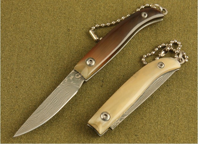 OEM DAMASCUS STEEL KEYCHAIN POCKET KNIFE WITH OX HORN HANDLE UDTEK00564