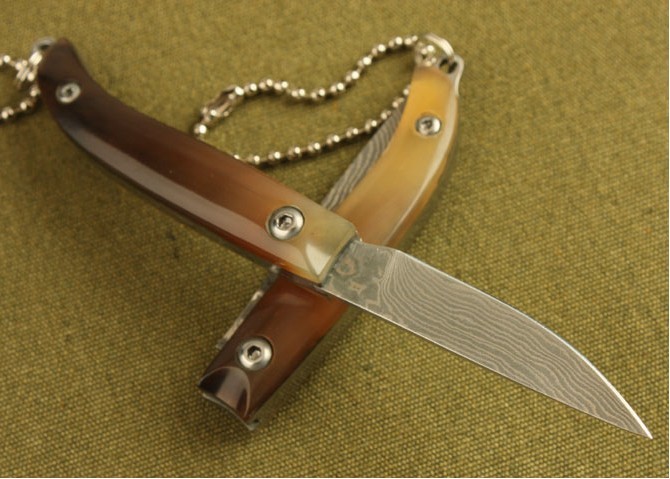 OEM DAMASCUS STEEL KEYCHAIN POCKET KNIFE WITH OX HORN HANDLE UDTEK00564