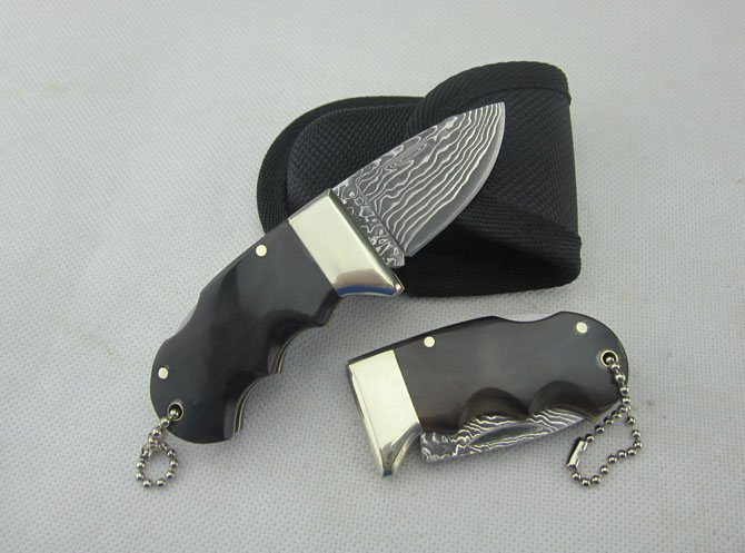 OEM DAMASCUS STEEL SMALL CATTLE KEYCHAIN BACL LOCK KNIFE WITH BRASS + OX HORN HANDLE UDTEK00567