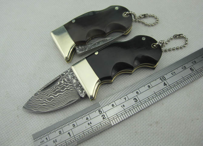 OEM DAMASCUS STEEL SMALL CATTLE KEYCHAIN BACL LOCK KNIFE WITH BRASS + OX HORN HANDLE UDTEK00567