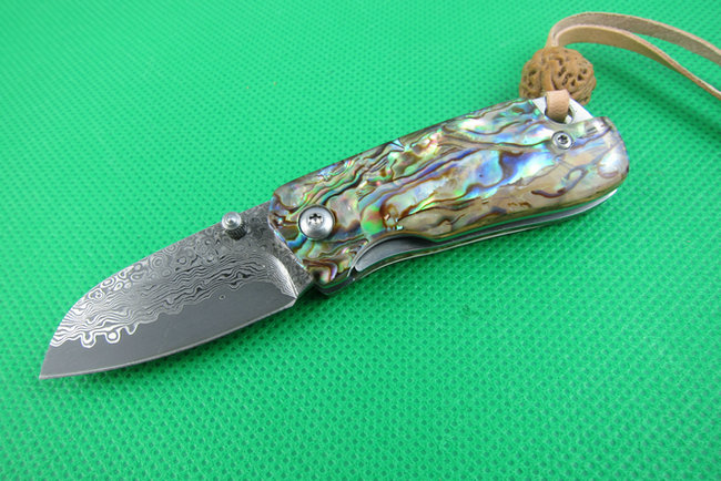 Apple Abalone handle Damascus blade folding knife UD401793