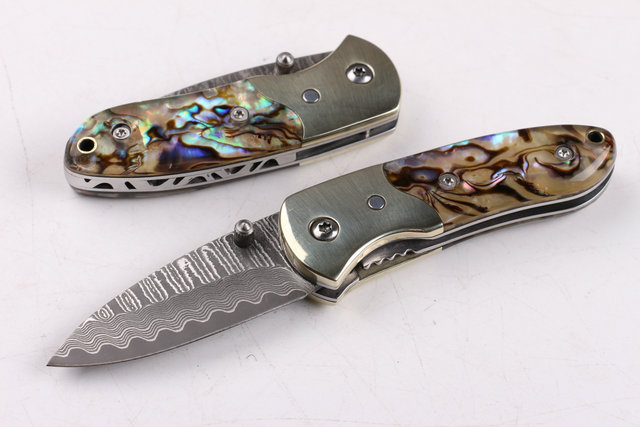 Damascus Small abalone pure copper folding knife UD403386