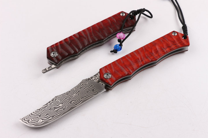 Red Wave Damascus steel blade material no lock folding knife UD404436