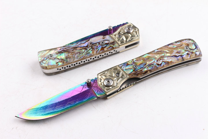 Damascus blade material Silk color Abalone handle folding knife with Titanium coated surface UD404442