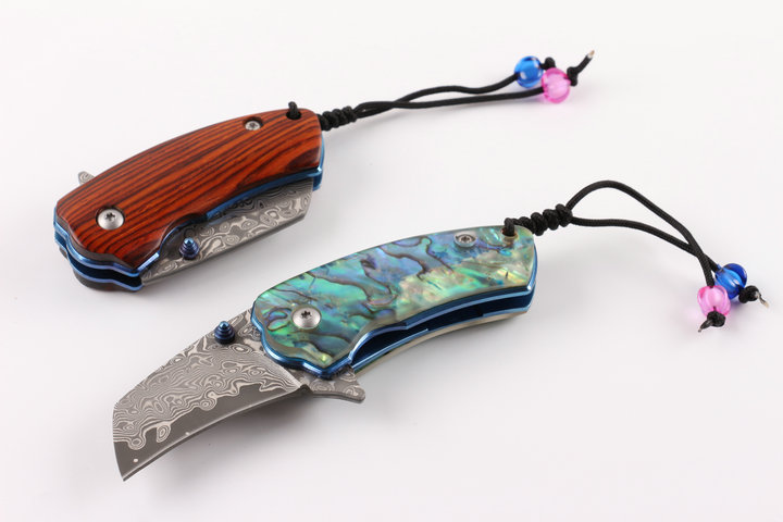 Damascus Little brother wood and abalone handle material folding pcoket knife UD404942
