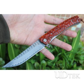 Red arrow Damascus quick opening folding knife with particle red sandalwood + steel sheet handle UD2105485