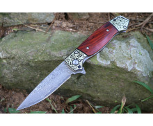 Damascus Blade Rosewood and Copper Handle Folding Outdoor EDC Knife with Leather Sheath UD407782