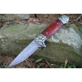 Damascus Blade Rosewood and Copper Handle Folding Outdoor EDC Knife with Leather Sheath UD407782