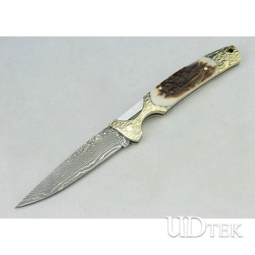 OEM Damascus Steel backlock Folding Collection Knife with Antler + Brass Handle UDTEK01304