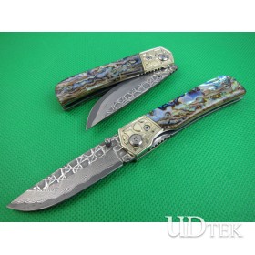 Damascus colorful Abalone folding knife UDTEK01951