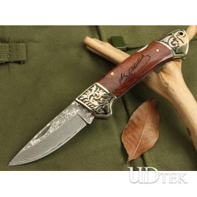OEM DAMASCUS STEEL SENMEI NO.3 FOLDING KNIFE WITH LEATHER SCABBARD UDTEK00545