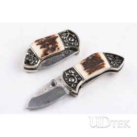 US Andy Swiss powder Damascus blade pocket knife with antlers handle UD404406
