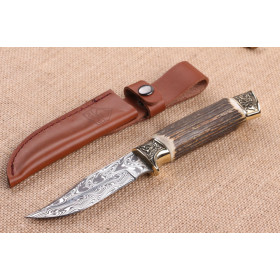 Imported Swiss powder Damascus blade Double copper antlers handle collection knife UD404840
